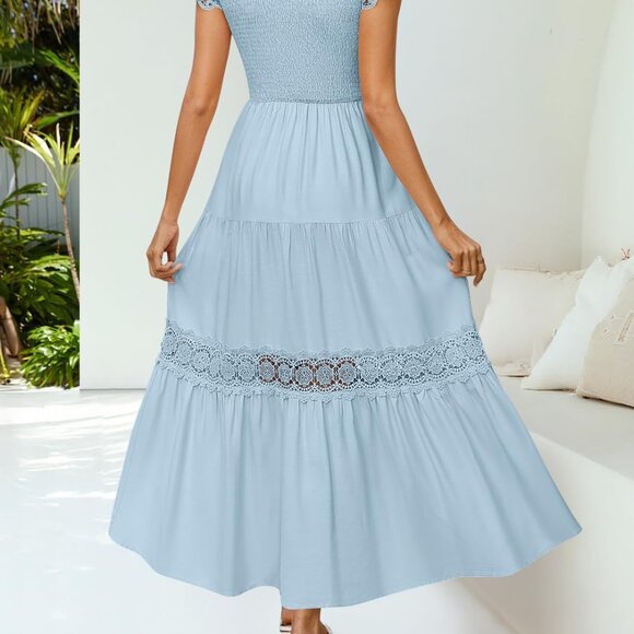 Women's Rayon Midi Dress Crew Neck Flutter Sleeves High Waist Lace Trim - Picture 4 of 7